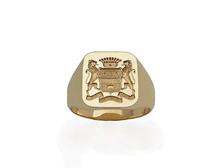 Chevalière avec une gravure héraldique en or jaune 18 carats, gravure sur mesure
