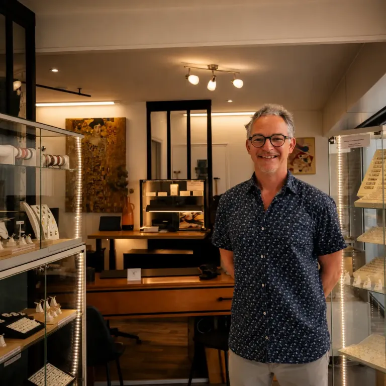Olivier Maupas-Sehikyan, designer jeweller, at the workbench in his workshop