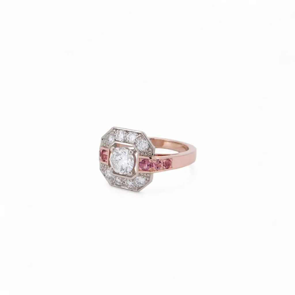Bague art déco or blanc, or rose, diamants, tourmaline