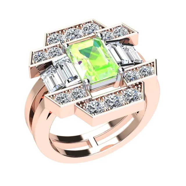 Bague en or rose avec pierre verte centrale et diamants en serti géométrique createur nantes