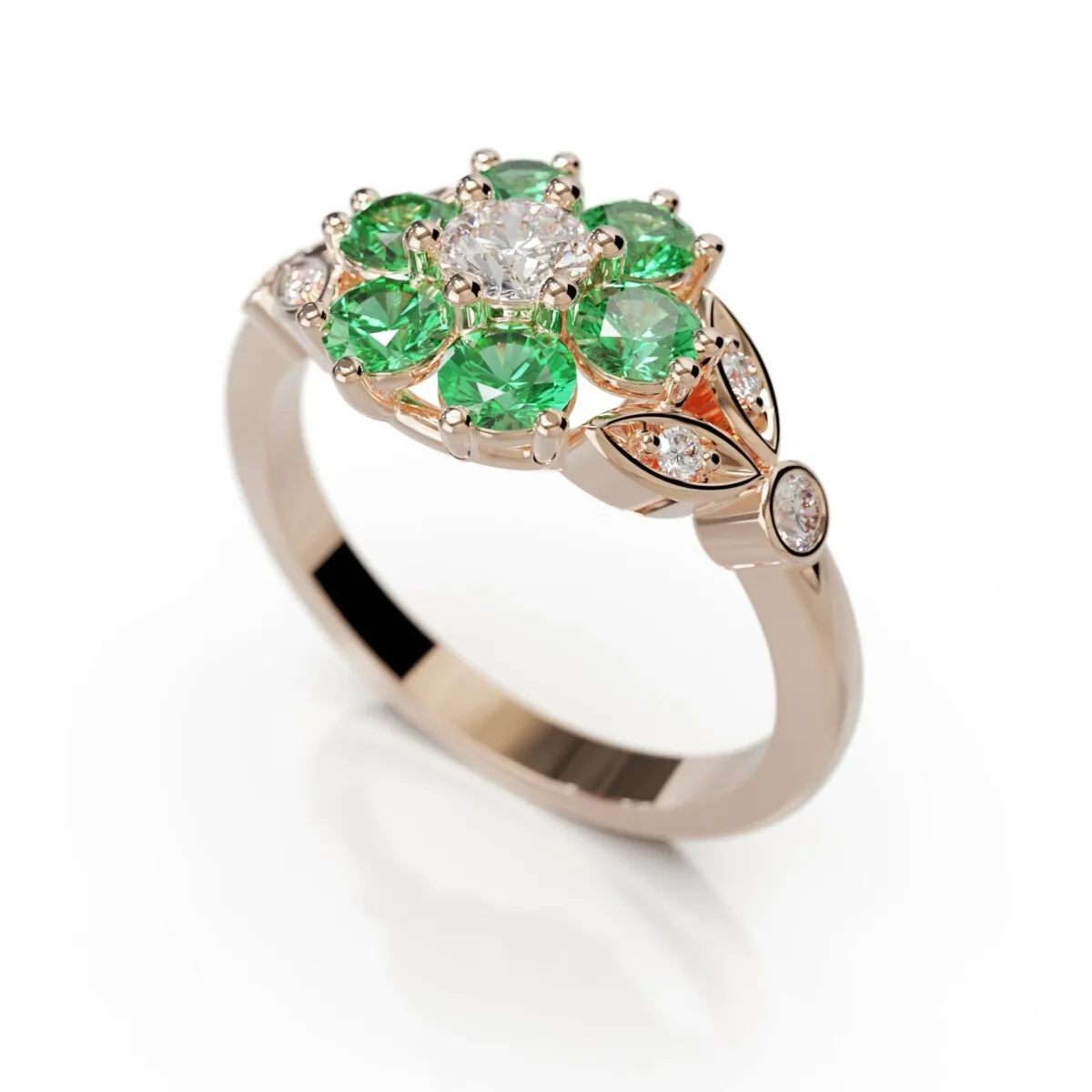 Bague joaillière fleur en or rose sertie d’un diamant central et d’un halo de pierres vertes