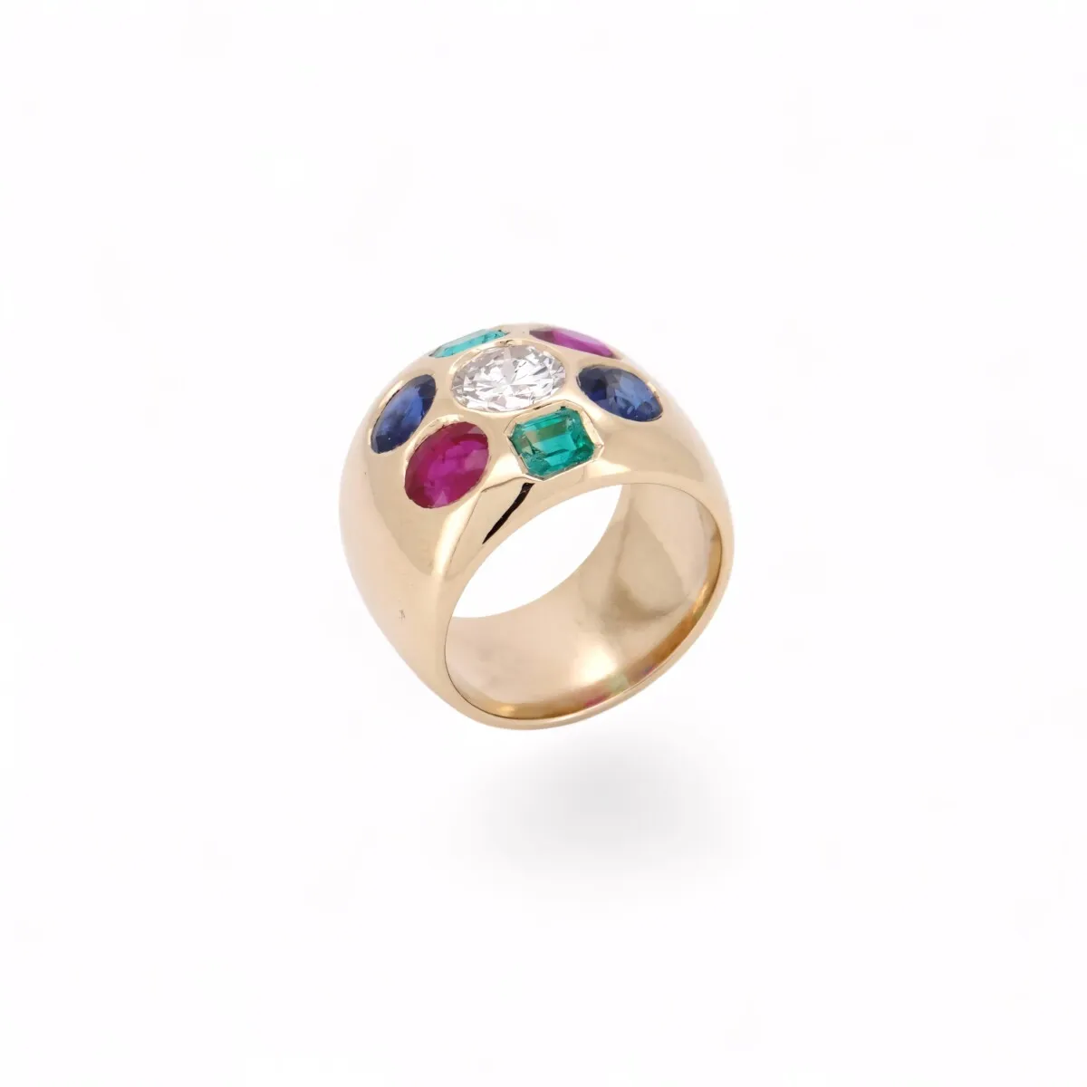 Bague en or jaune avec diamant, émeraude, saphirs et rubis, bague de fiançailles colorée et originale