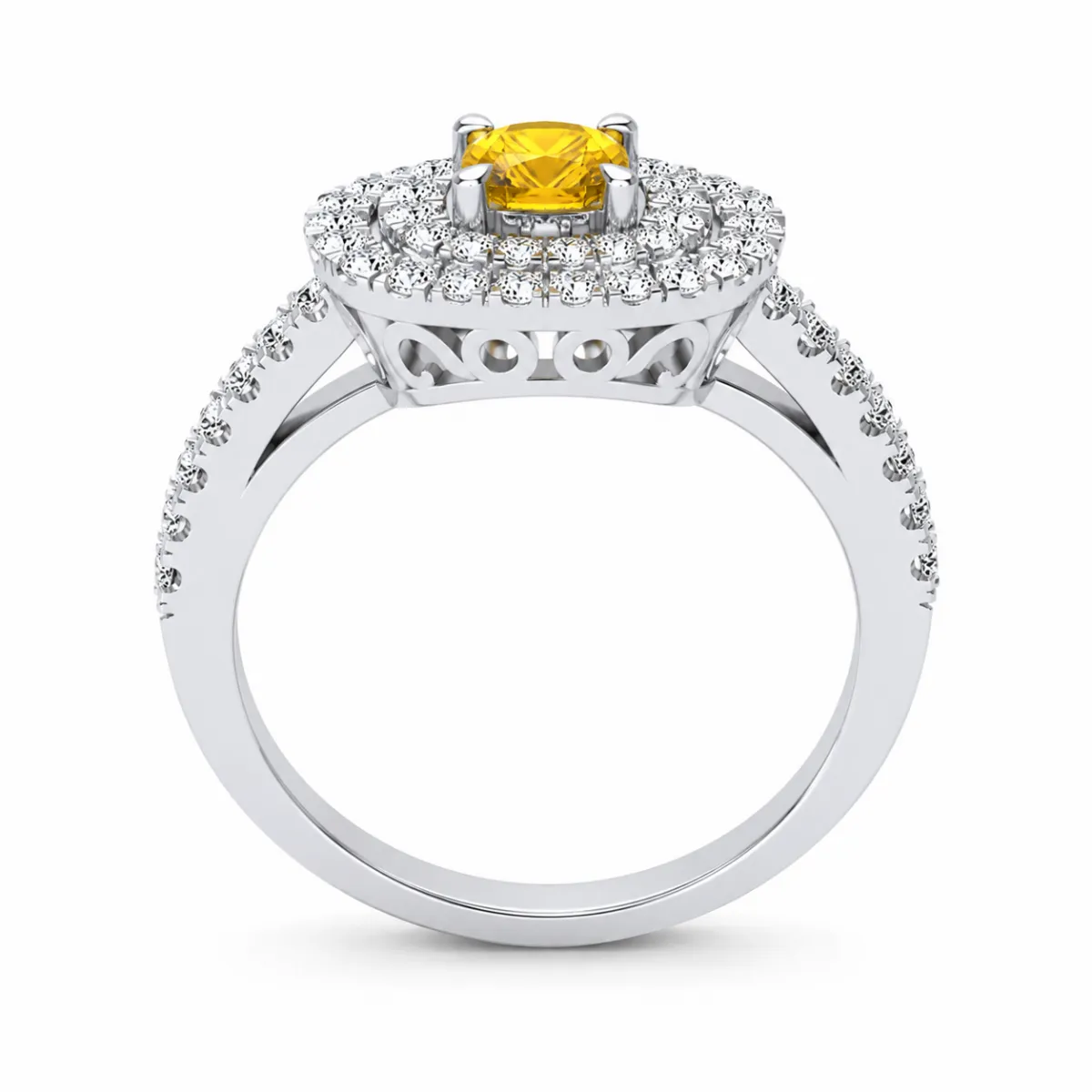 Bague en or blanc 18 carats sertie d\'un saphir jaune taille coussin entouré d\'un double halo de diamants, création joaillière d\'exception.