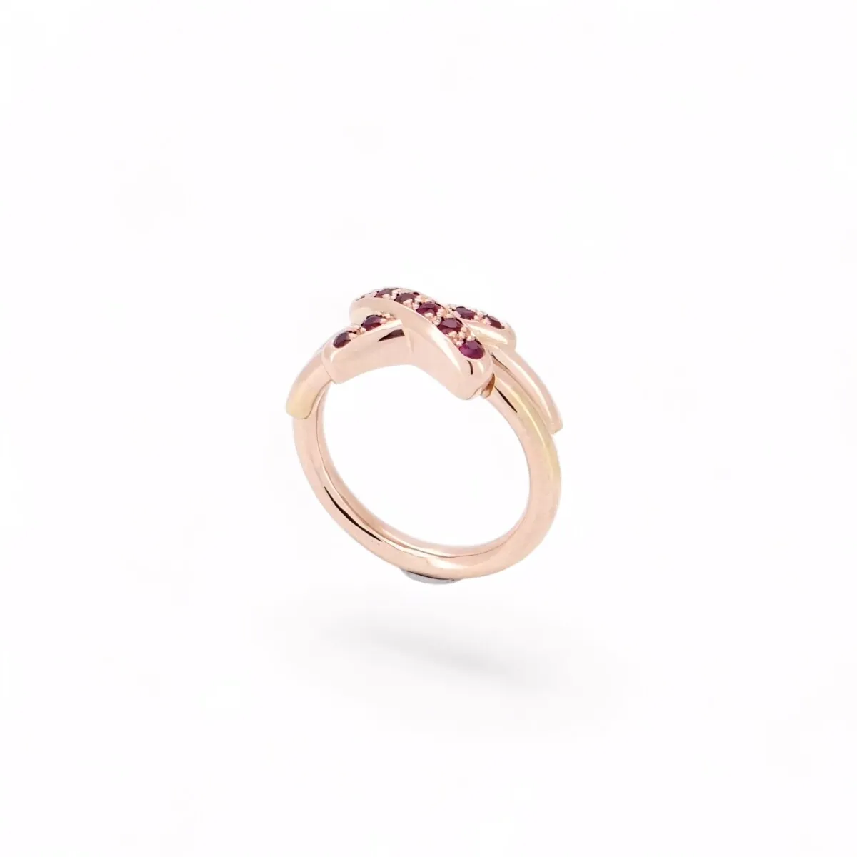 Bague croisée en or rose 18 carats sertie de rubis et diamants, bague contemporaine féminine et lumineuse