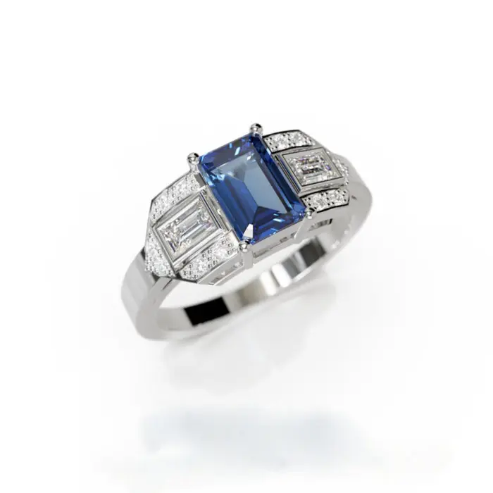 Bague Art Déco saphir bleu Ceylan et diamants en or blanc, bague de fiançailles style vintage raffinée