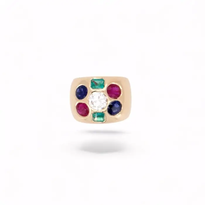 Bague en or jaune avec pierres précieuses variées diamant, émeraude, saphir et rubis, bijou unique et lumineux