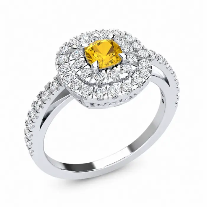 Bague en or blanc 18 carats avec saphir jaune naturel taille coussin et double pavage de diamants, création artisanale signée Maupas Sehikyan.