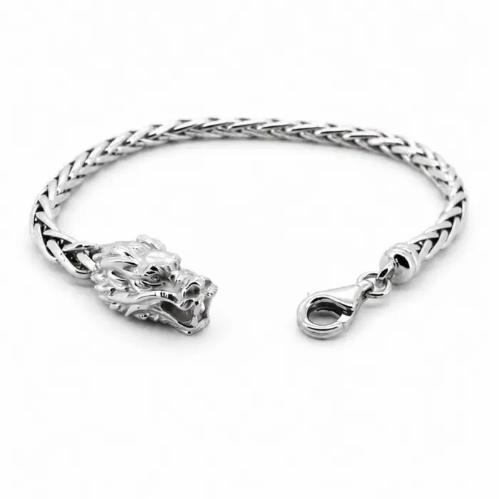 Bracelet en or blanc 18 carats à maille tressée byzantine avec fermoir tête de dragon, bijou homme au style puissant et raffiné.