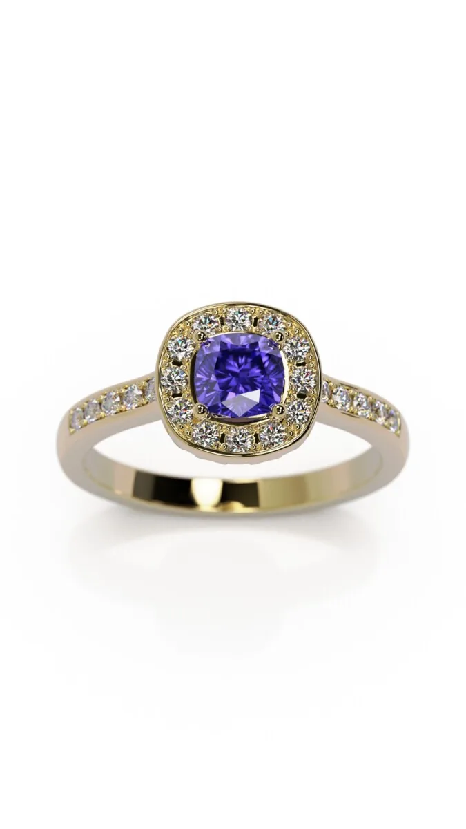 bague tanzanite coussin 5/5 mm et serti de diamants autour et sur le corps de bague monture en or jaune 18 carats une bague de fiancaille