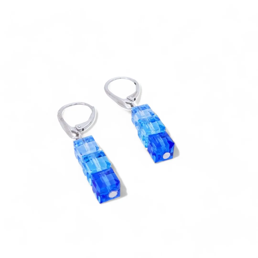 BOUCLES D OREILLES CRISTAL SXAROVSKI BLEUE cube