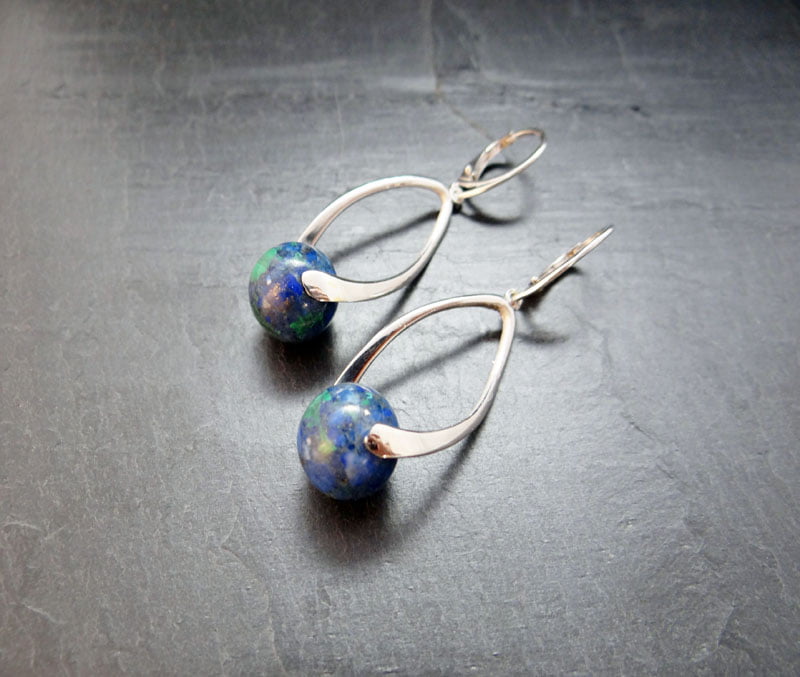 boucles d oreilles malachite azurite boule ronde 12mm en argent 925