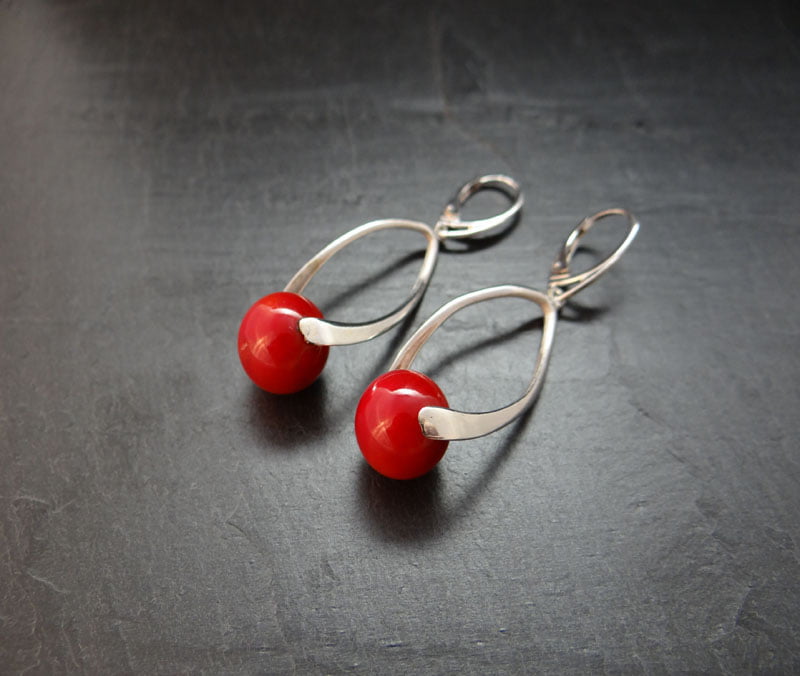 boucles d oreilles rouge boule ronde 12mm en argent 925