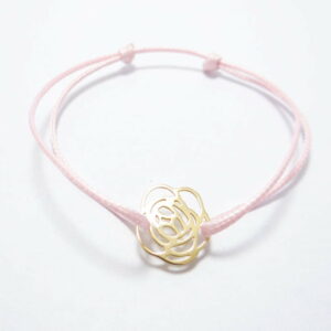 bracelet cordon polyester cire rose coulissant avec une rose en or jaune 18 cts