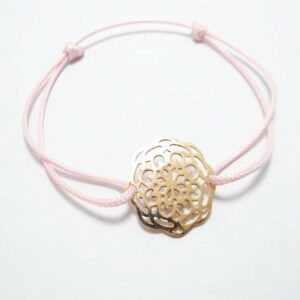 bracelet cordon polyester rose et motif rosace en or rose 18 carats