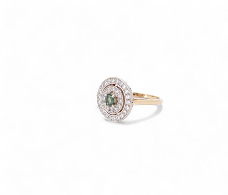 Bague Sphérique en Or Rose 18 Carats, Saphir Vert et Diamants