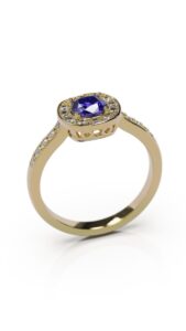 bague tanzanite coussin 5/5 mm et serti de diamants autour et sur le corps de bague monture en or jaune 18 carats une bague de fiancaille mariage etc