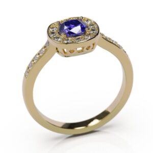 bague tanzanite coussin 5/5 mm et serti de diamants autour et sur le corps de bague monture en or jaune 18 carats une bague de fiancaille mariage etc