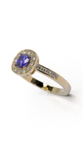 bague tanzanite coussin 5/5 mm et serti de diamants autour et sur le corps de bague monture en or jaune 18 carats