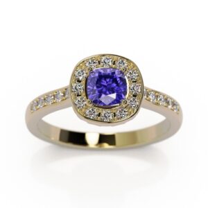 bague tanzanite coussin 5/5 mm et serti de diamants autour et sur le corps de bague monture en or jaune 18 carats une bague de fiancaille